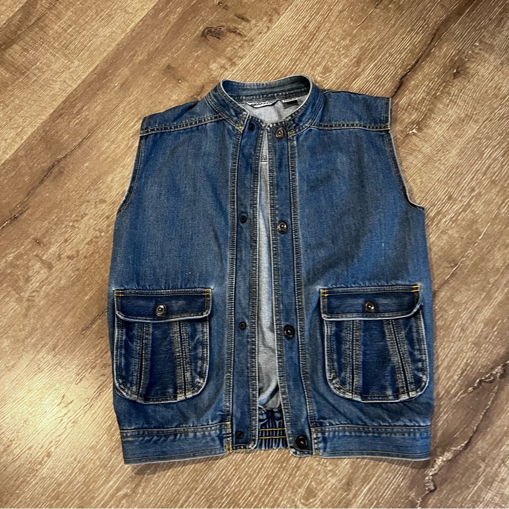 Vintage Graffiti Denim Utility Vest Snap Close Pockets Size M Rare